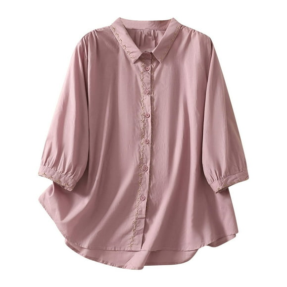 Wo-Fusoul Women's Casual Top, Embroidered Three-Quarter Sleeve Blouse with Turn-Down Collar, Imitation Linen Style for Comfortable Daily Wear
