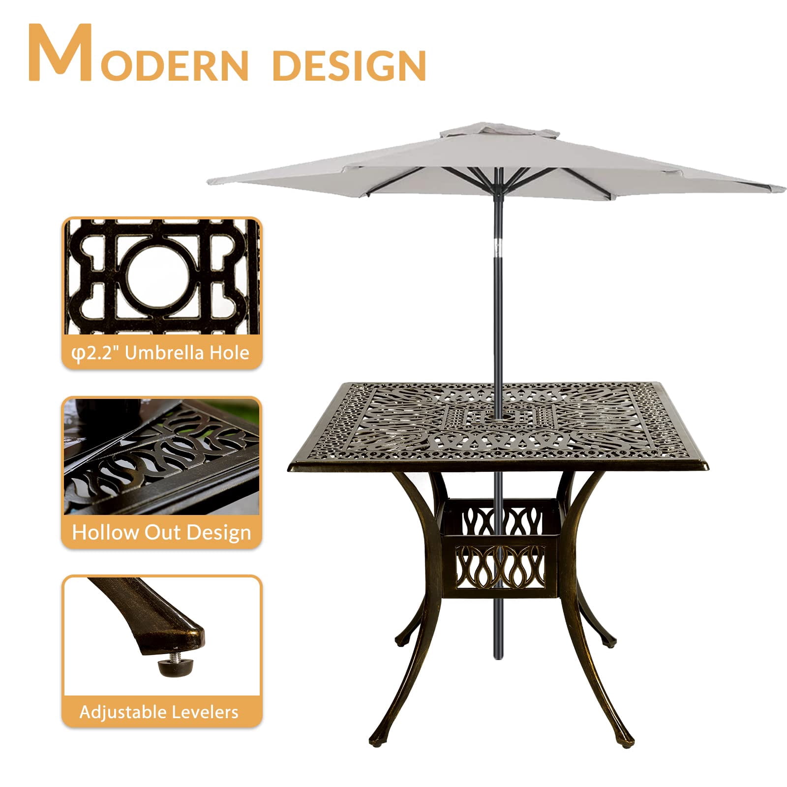 W WARMHOL 5-Piece Outdoor Patio Dining Set, All-Weather Cast Aluminum Patio Furniture Set for Backyard Garden Deck with 4 Chairs, 4 Cushions and 35.4” Square Table, 2.2" Umbrella Hole