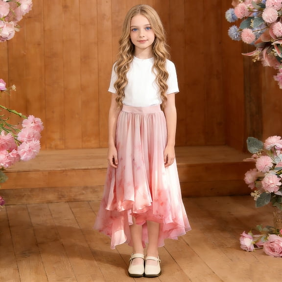 Cowsor Big Girls Spring Summer Skirt Floral Chiffon Midi Skirt Lightweight Breathable Casual Outfit for Beach Vacation School Daily Outdoor Activities