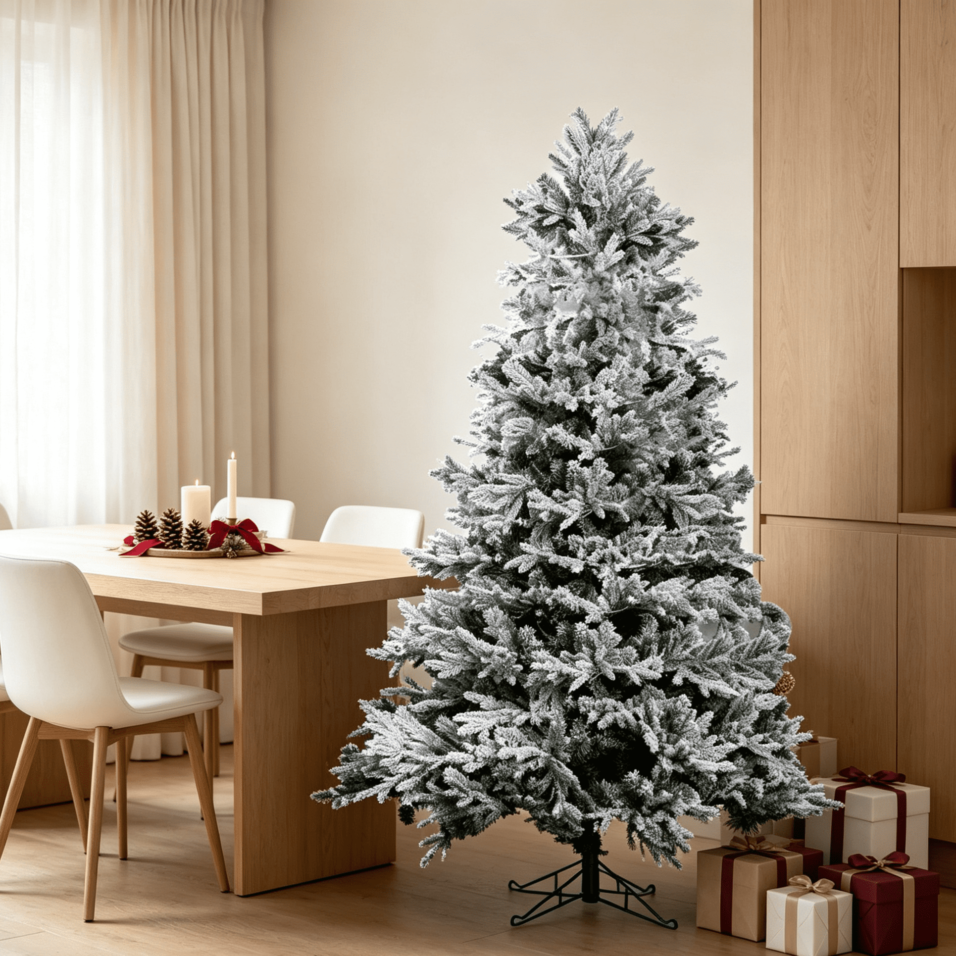 7 ft Snow-Flocked Artificial Christmas Tree with Green Metal Stand, White