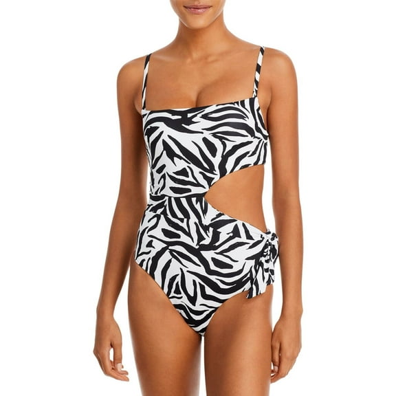 AQUA Swim Women's Sashed Cutout One Piece Swimsuit Black Zebra XL B4HP