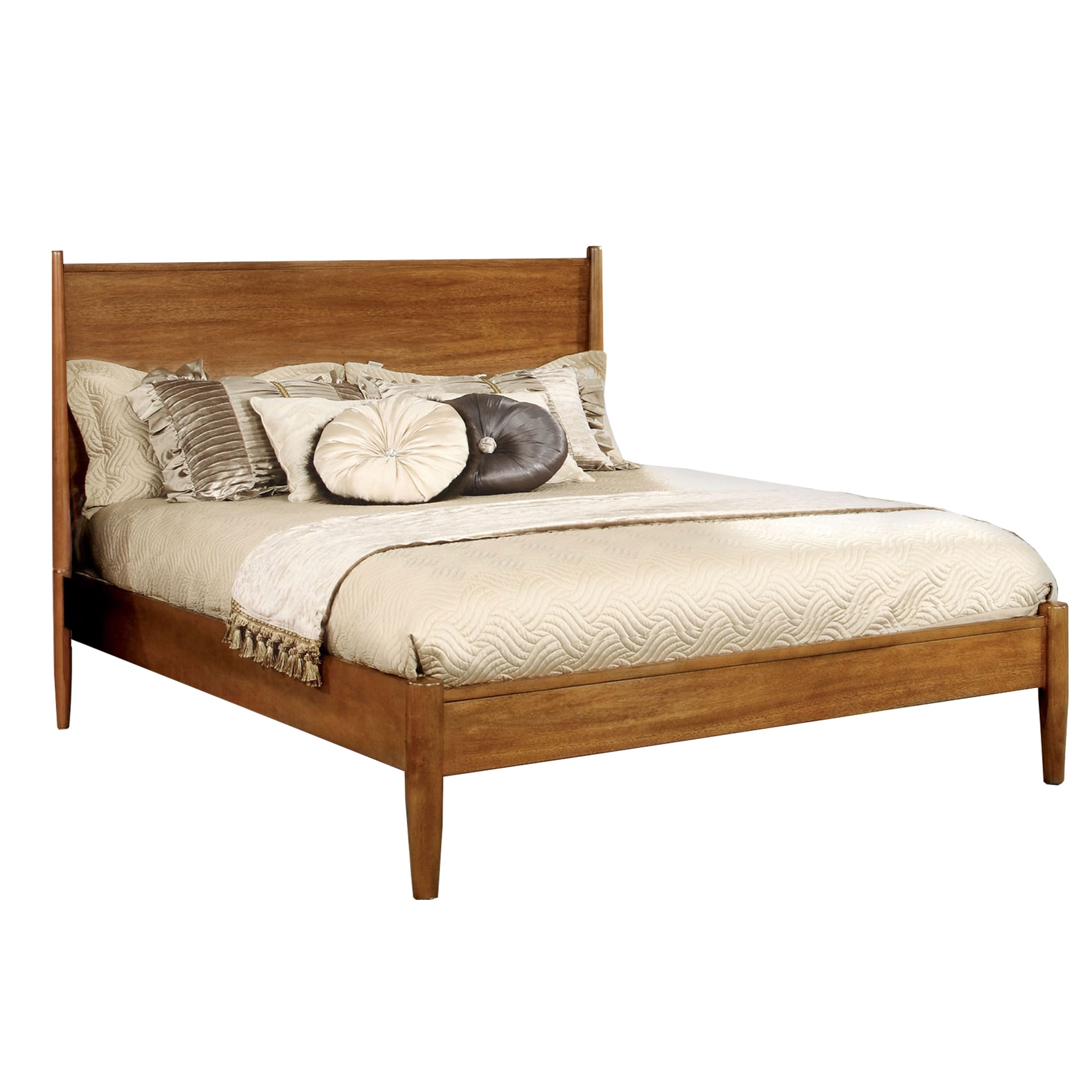 Mid Century Modern Wood Queen Bed with Round Tapered Legs, Rustic Oak