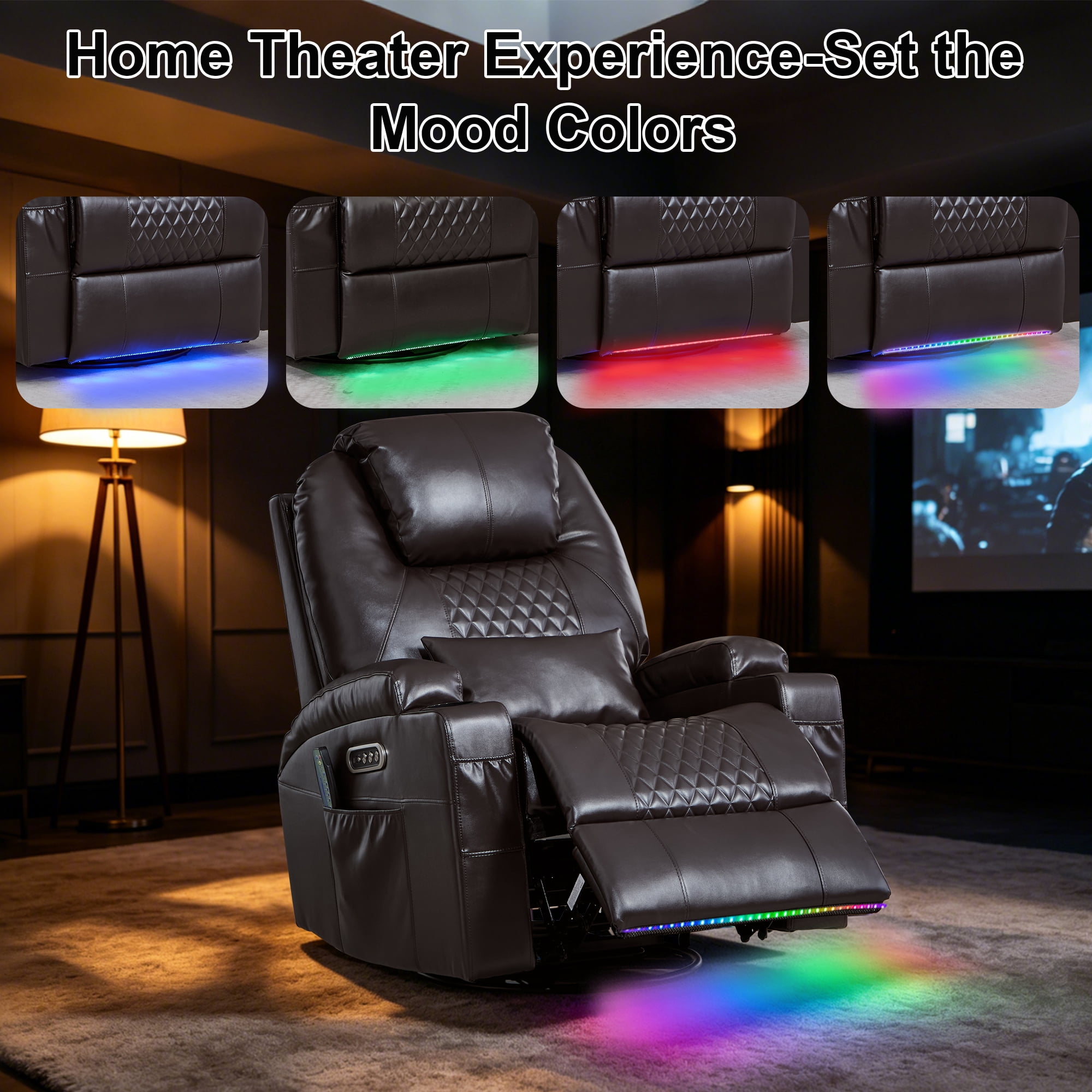 Dual Motor Power Swivel Rocker Recliner Chair for Adults with Heat and Massage, Electric Wall Hugger Rocking Recliner for Nursery Living Room with LED Lights, USB A&C Ports
