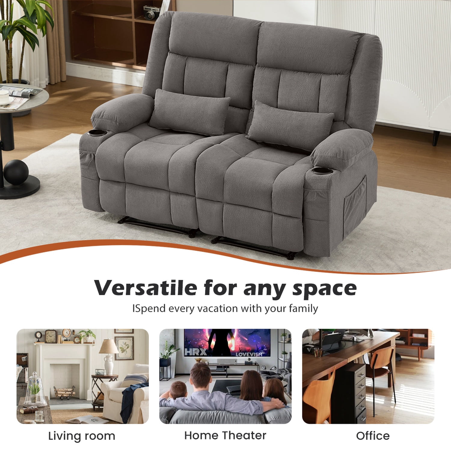 Alvantor Loveseat Recliner Sofa for Adults with Cup Holders, Modern Overstuffed Manual Sofa Chair for Home Theater Grey