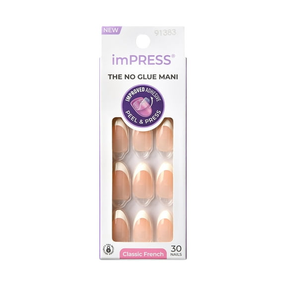 KISS imPRESS French  Press on Nails, Everlasting, White, Medium Almond, 30 Count
