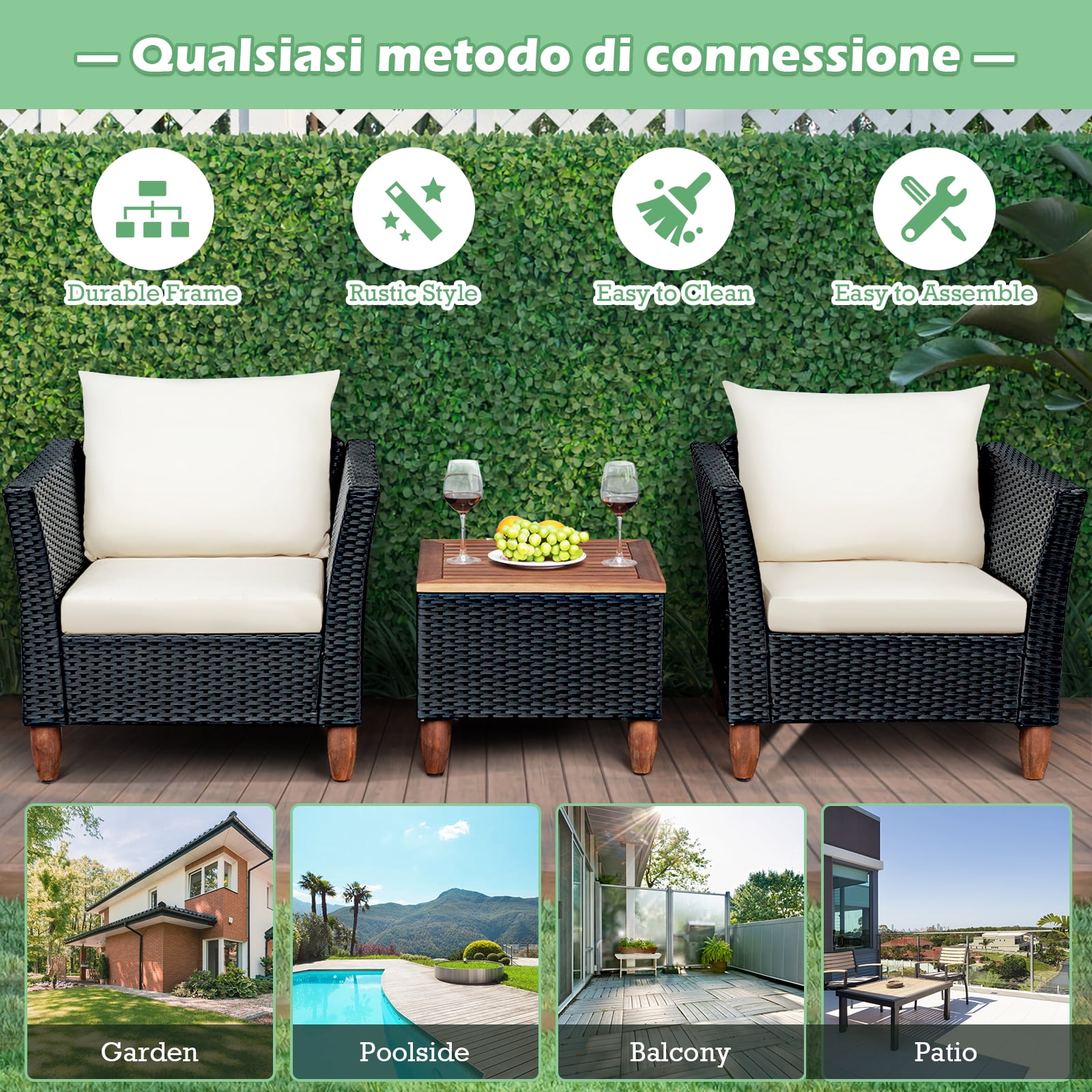 Patiojoy 3-Piece Wicker Patio Furniture Set Outdoor Conversation Set w/ Cushions & Coffee Table