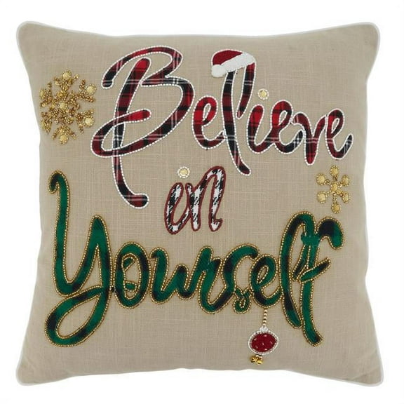 SARO 9150.N18SP 18 in. Square Natural Believe in Yourself Throw Pillow with Poly Filling