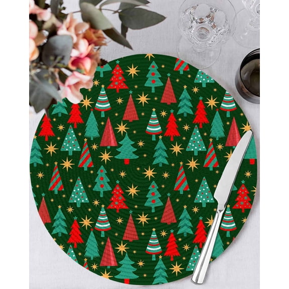 15 Inch Round Placemats Set of 4, Christmas Trees Non Slip Heat Insulation PP Table Mats, Dark Green Xmas Tree Star Winter Holiday Washable Place Mats for Kitchen Dining Party Table Decor