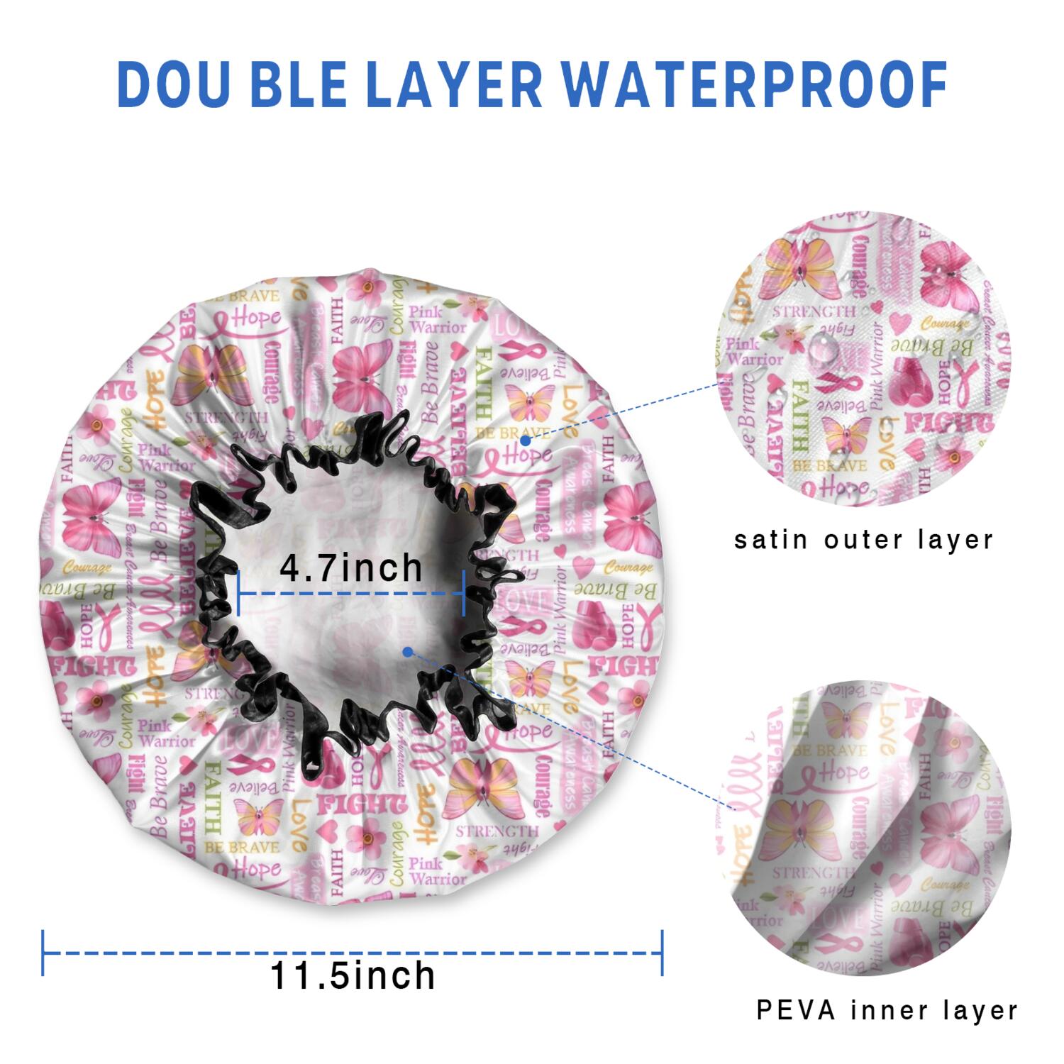 Shower Caps,Pink Butterfly Word Pattern Waterproof Shower Cap for Women 4 Pieces,Double Reusable Hair Cover for Shower PEVA Elastic Stretch Hem