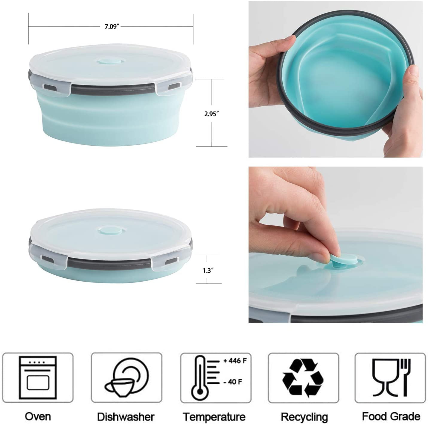 Collapsible Silicone Camping Bowl Food-grade Lunch Box 1200ml Blue