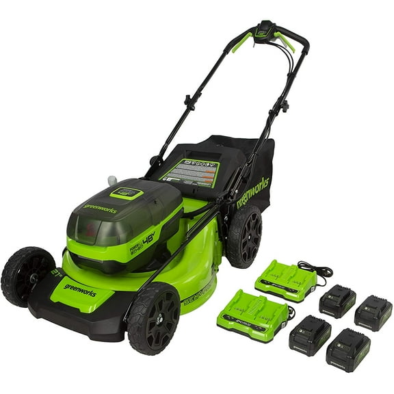 Greenworks 48V (24V x 2) 21" Self-Propelled Lawn Mower W/(4) 4.0 Ah USB Batteries and (2) Dual Port Chargers, 2532702