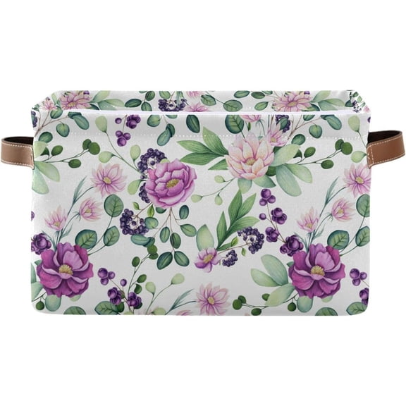 FREEAMG Watercolor Flowers Foldable Canvas Storage Bin, Sturdy Fabric Storage Basket with Handles, Storage Cube Box for Organizing Shelf Nursery Toy Closet 1PCS