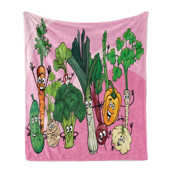 Vegetables Soft Flannel Fleece Blanket, Nursery Themed Healthy Foods Graphic with Happy Nutrition Characters, Cozy Plush for Indoor and Outdoor Use, 70" x 90", Pastel Pink Multicolor, by Ambesonne