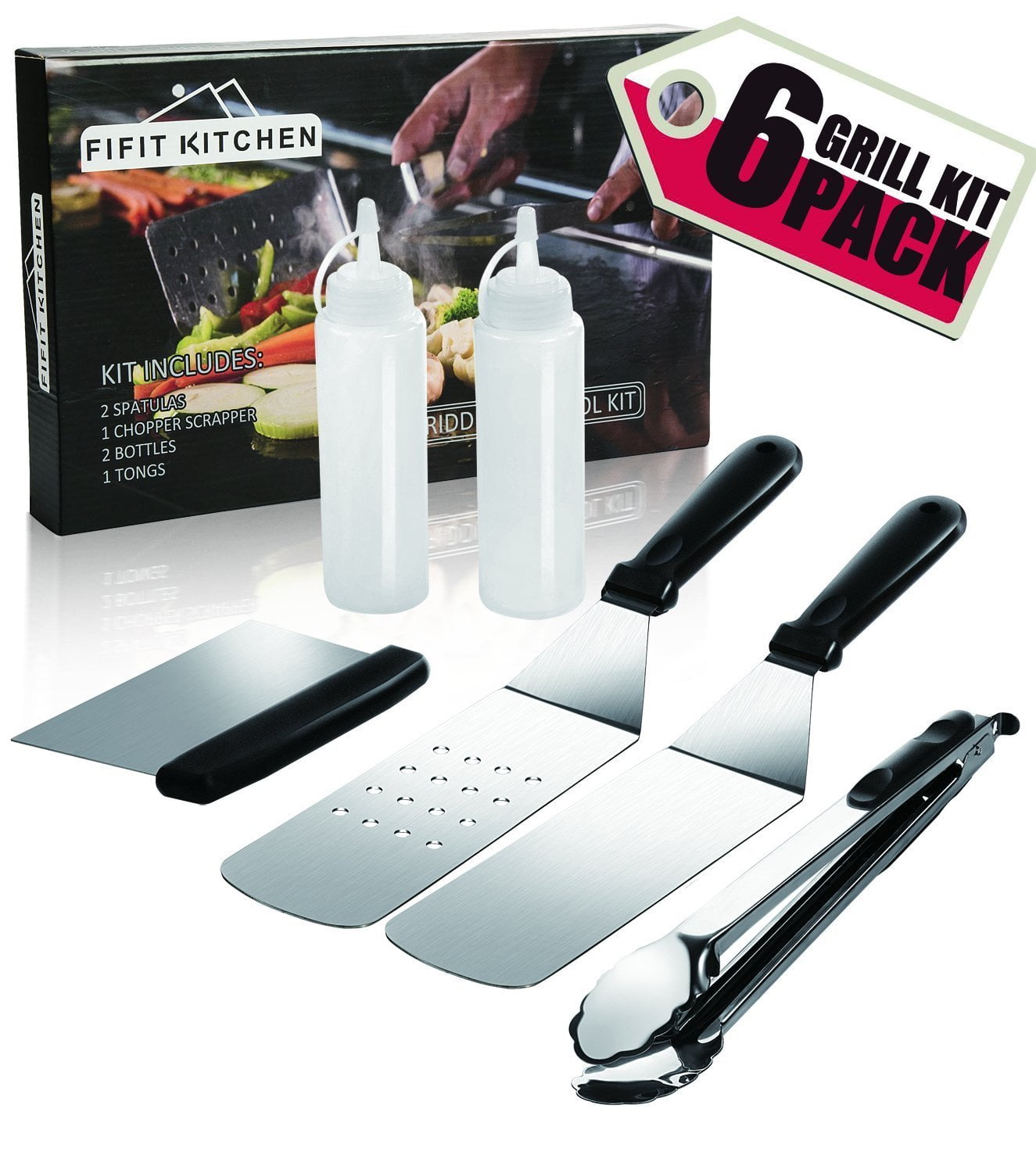 Grill Griddle Accessories BBQ Tool Kit-6 Piece Stainless Steel Grilling Utensils Set-2 Spatulas,1 Tongs,1 Chopper Scrapper,2 Bottle-Fits for Flat Top Grill Griddle Accessories BBQ Tool Kit-6 Piece Stainless Steel Grilling Utensils Set-2 Spatulas,1 Tongs,1 Chopper Scrapper,2 Bottle-Fits for Flat Top