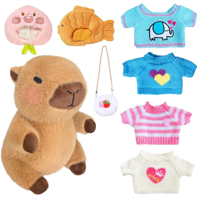 Set de peluche Kireidane Capybara con 7 prendas y accesorios