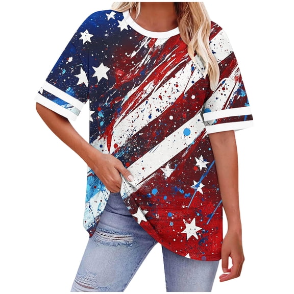 Blmnix Patriotic Shirts Tshirts Shirts for Women Plus Size Pullover Tee Shirt Elbow-Length Red Crew Neck Blouses for Women Trendy,XXXXXL