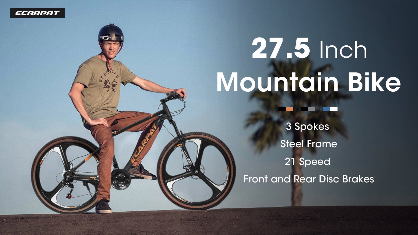 POVANLI  27.5 inch Mountain Bike for Men and Women, 21 Speed Road Bicycle with Dual Disc Brakes & Suspension, High Carbon Steel Frame Front Fork Bicycles, Black&Orange(Gift)