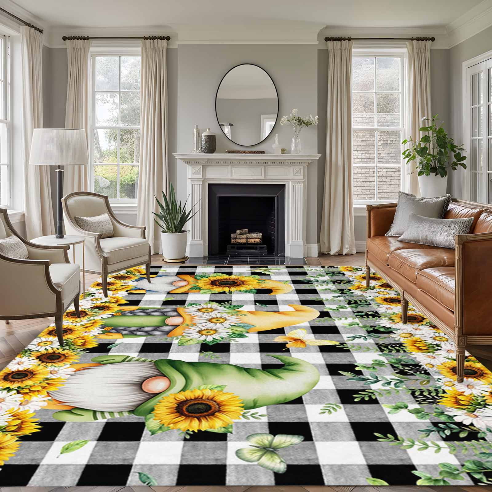 5x8 Area Rugs for Living Room, Spring Gnomes Non Slip Area Rugs for Kitchen Bedroom Entryway, Botanical Budding Sunflowers Buffalo Plaid Washable Carpet Runner Rug Floor Mats for Bedroom Home Decor