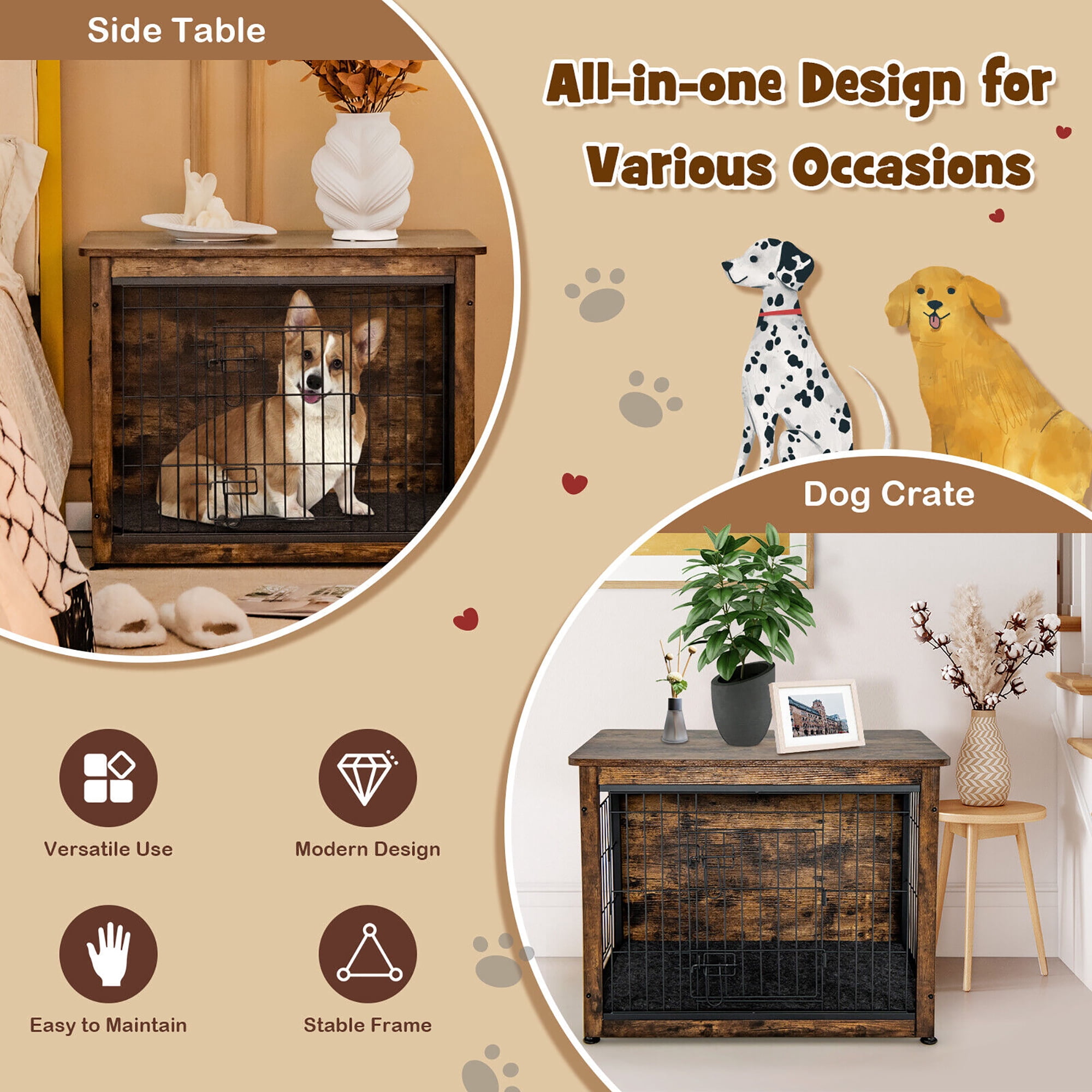 Gymax Wooden Dog Crate Furniture with Pad Bed Double Doors Dog Kennel End Table