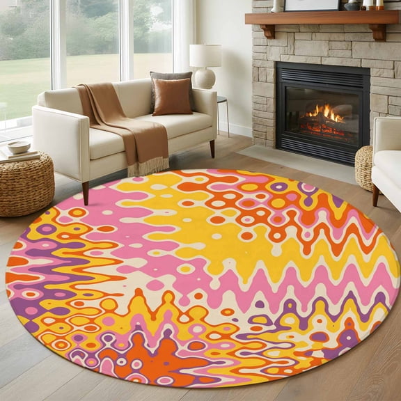Round Area Rug 7 Ft, Yellow Orange Pink Washable Non-Slip Circle Carpet for Living Room/Bedroom, Modern Funny Illusion Abstract Art Low-Profile Large Runner Mat Collection Rugs for Indoor