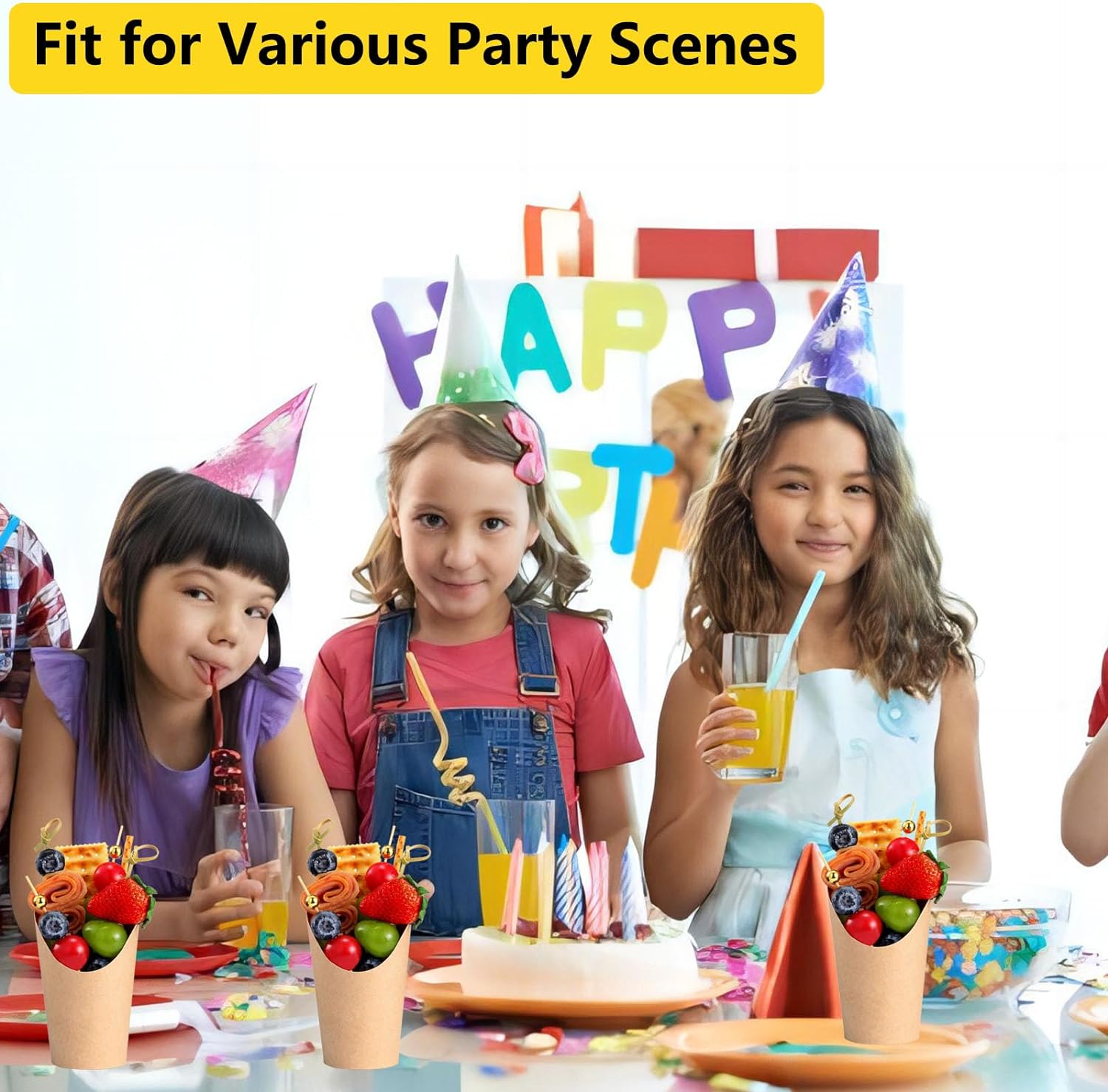 50 Pcs Charcuterie Cups with Skewers, 12 Oz Paper Snack Appetizer Cocktail Picks, French Fry Holder Brown Kraft , Disposable Popcorn Boxes Cones, Party Board Favor(50 ConeCups + 200 Sticks)