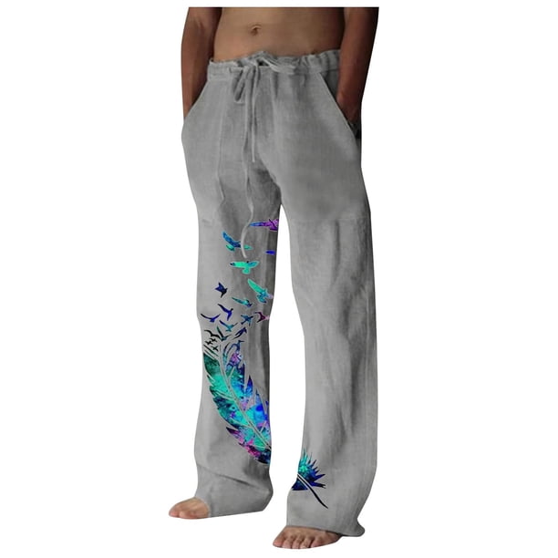 Pantalones de lino y algodón con estampado de pájaros para hombre Pantalones de yoga informales Fridja alkflakhf32828