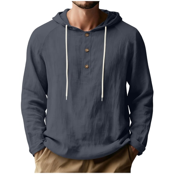 USNSM Men's Long Sleeve Linen Hoodies, Solid Color Summer Lightweight Loose Button Up Business Casual Hooded Shirts Gray XXL