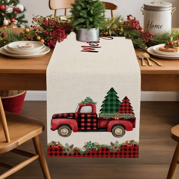 Burlap Table Runner 36 Inches Long,Christmas Trees Red Truck on Retro Linen Non-Slip Kitchen Table Runners for Dining Room Everyday Use Party Table Decorations Red Black Plaid
