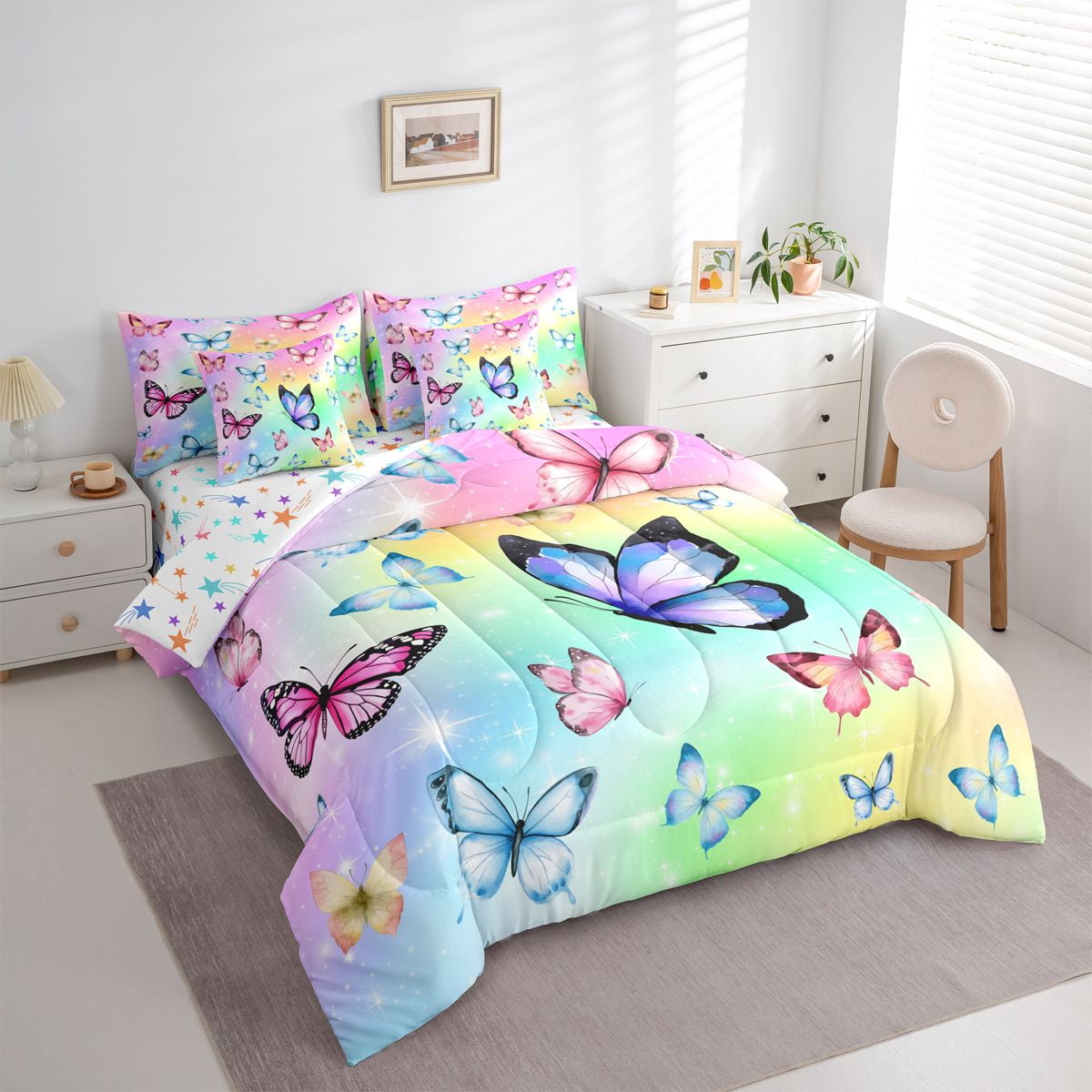 Homewish Colorful Butterflies 7-Piece Bedding Comforter Set For Children Kids Teens,Dreamy Princess King Bedding Sets,Abstract Gradient Ombre Ultra Soft Bed Sheets,Luxury Bedroom Decor,Reversible