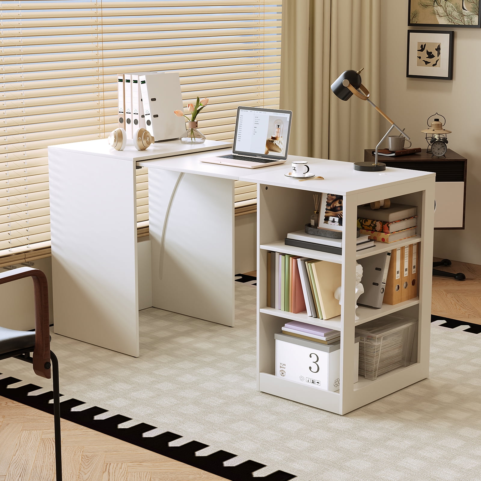 3-Tier Foldable Desk with Wheels, Multipurpose Rolling Computer Table for Home Office, Space-Saving Pull Out Desk for Small Spaces, Kitchen, Bedroom, White