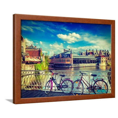 Bicycle is Very Common and Popular Transport in Europe. Bicycles in European Town Street. Ghent, Be Framed Print Wall Art By