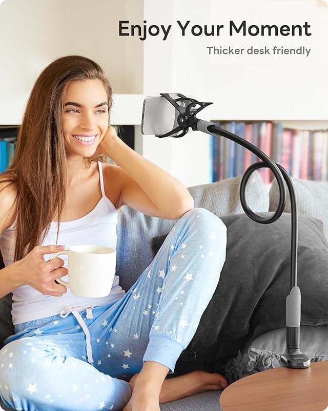 Gooseneck Bed Phone Holder, Flexible Long Arm Phone Mount for Desk, Clip Bracket Clamp Stand, iPhone Stand, Mobile Document Camera Nintendo Switch (Black)