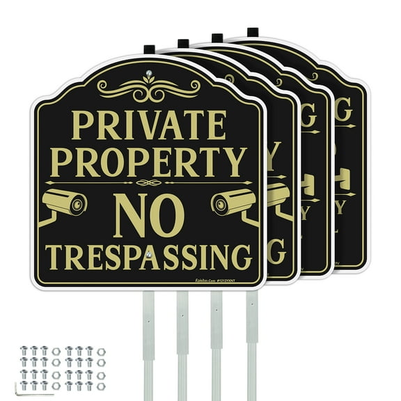 Faittoo No Trespassing Sign Private Property with 42" Stake, 4-Pack 12"x12" Rust Free Heavy Reflective  Aluminum Sign