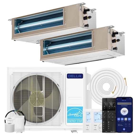 DELLA 17K BTU 2 Zone (11,000 11,000 BTU) Concealed Ducted Mini Split AC, 21 SEER2, Energy Star, 230V Inverter Heat Pump System, Pre-Charged, Work with Alexa and Wifi, 25ft Kit & Thermostat