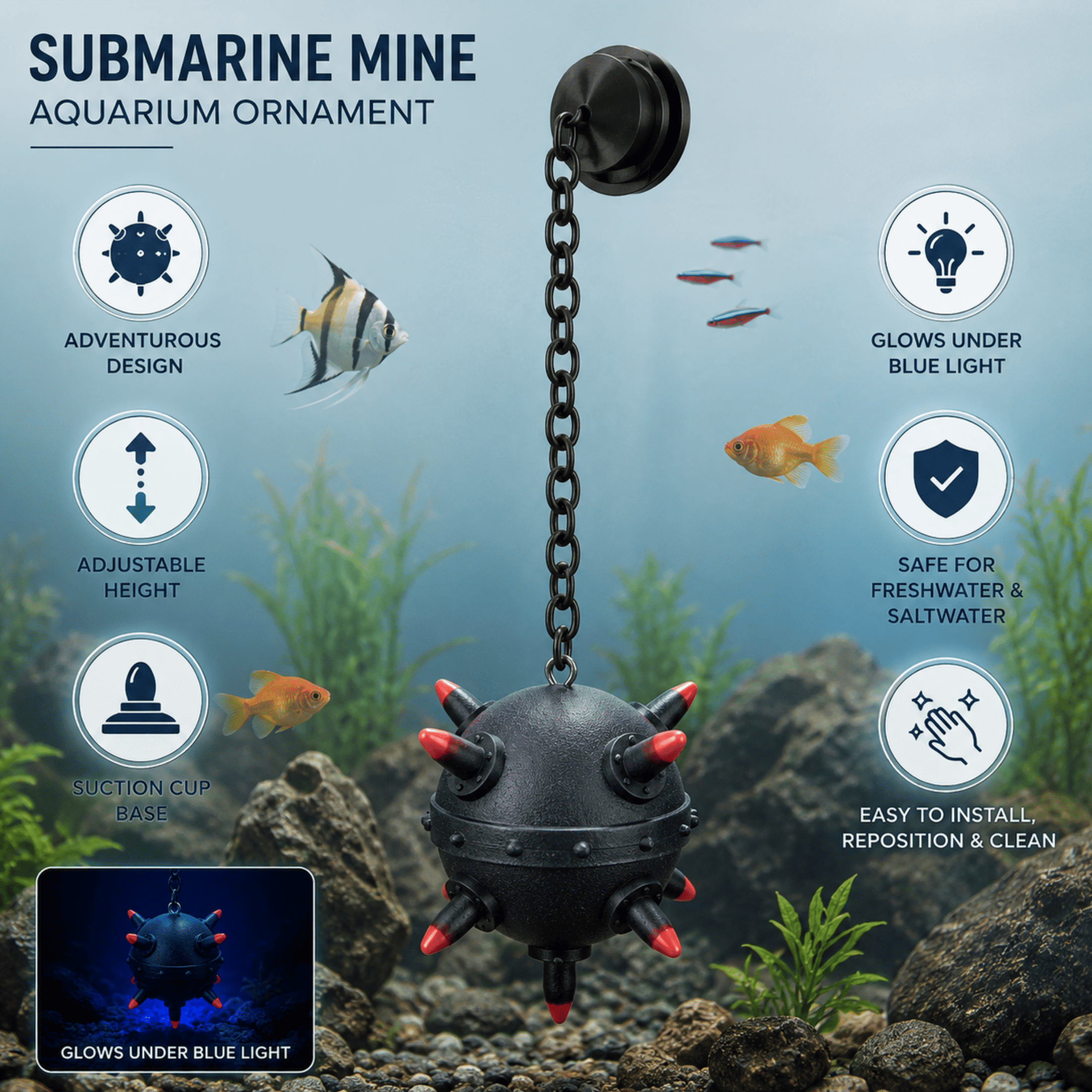 Sporn Aquatics Submarine Mine Aquarium Ornament, Glow-in-the-Dark Aquarium Decor with Suction Cup, Adjustable Fish Tank Decoration, Black