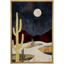 PixonSign Framed Canvas Print Wall Art Starlight Moon Cactus Desert Mountain Nature Wilderness Illustrations Decorative Bohemian Rustic Mid-Century Modern Desert Landscape - 16"x24" Natural