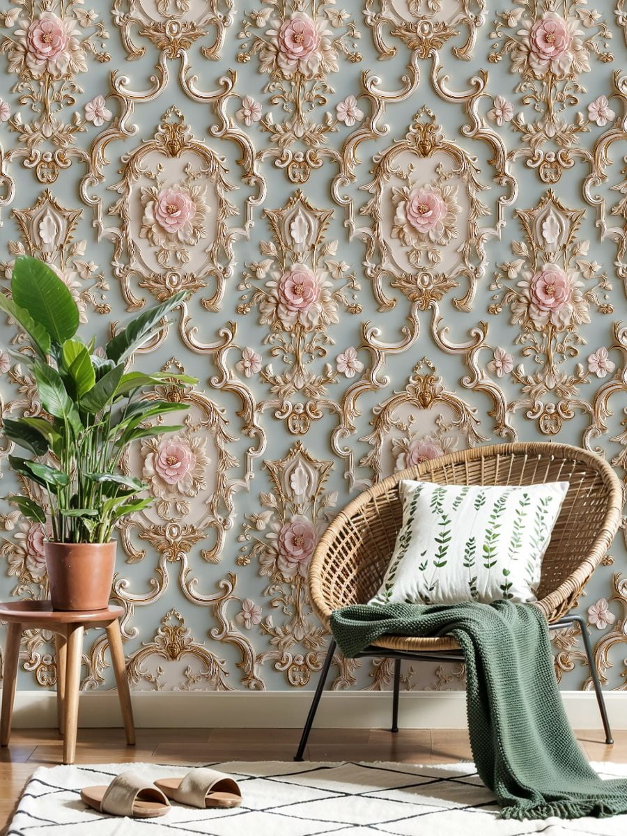 Peel and Stick Wallpaper Ornate Floral Design Soft Pink Flowers Gold Accents Elegant Blue Wall Mural 23.6in x 9.8ft Self Adhesive Removable Wall Paper Renter Friendly Wallpaper for Bedroom