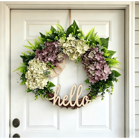 Spring Summer Wreath for Front Door 18 Inch - Artificial Hydrangea Year-Round Wreath with Welcome Sign, All Season Outdoor Indoor Decor for Home Wall Window