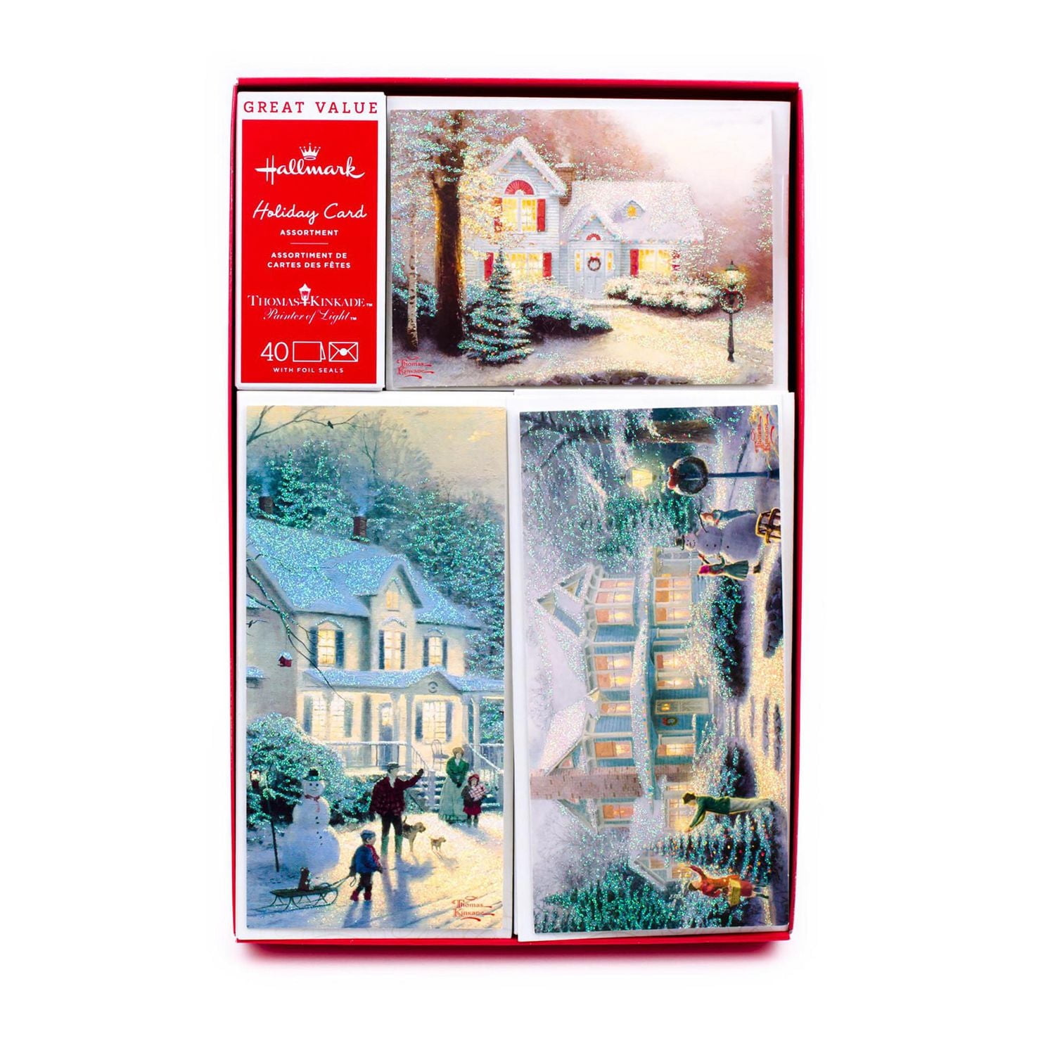 Assortiment de cartes de Noël dans une boîte, Thomas Kinkade, Hallmark, maisons enneigées (40 cartes et enveloppes, et sceaux métallisés)