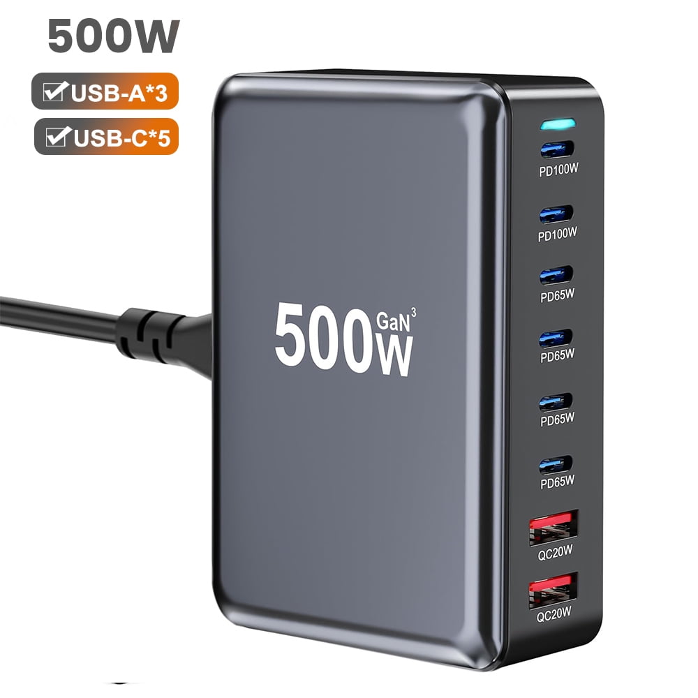 500W GaN Desktop Charging Station with 8 Ports, 6 USB-C and 2 USB-A Fast Charger for Laptops and Smartphones