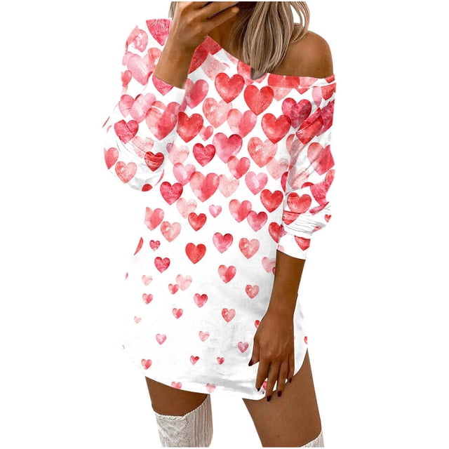 Mini Vestido Con Hombros Descubiertos Y Manga Larga Con Cuello Redondo Y Estampado de Corazón Cómodo Y Suelto Para Mujer