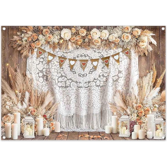 7x5Ft Boho Wedding Backdrop Tassel Floral Rose Heart Brown Wooden Wall Bridal Shower Photography Background Love Day Party Decorations Banner Photo Booth Props