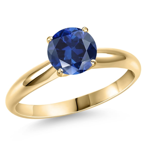 Gem Stone King 14K Yellow Gold Blue Created Sapphire Engagement Ring for Women | 2.50 Cttw | Round 8MM | Gemstone September Birthstone | Size 8