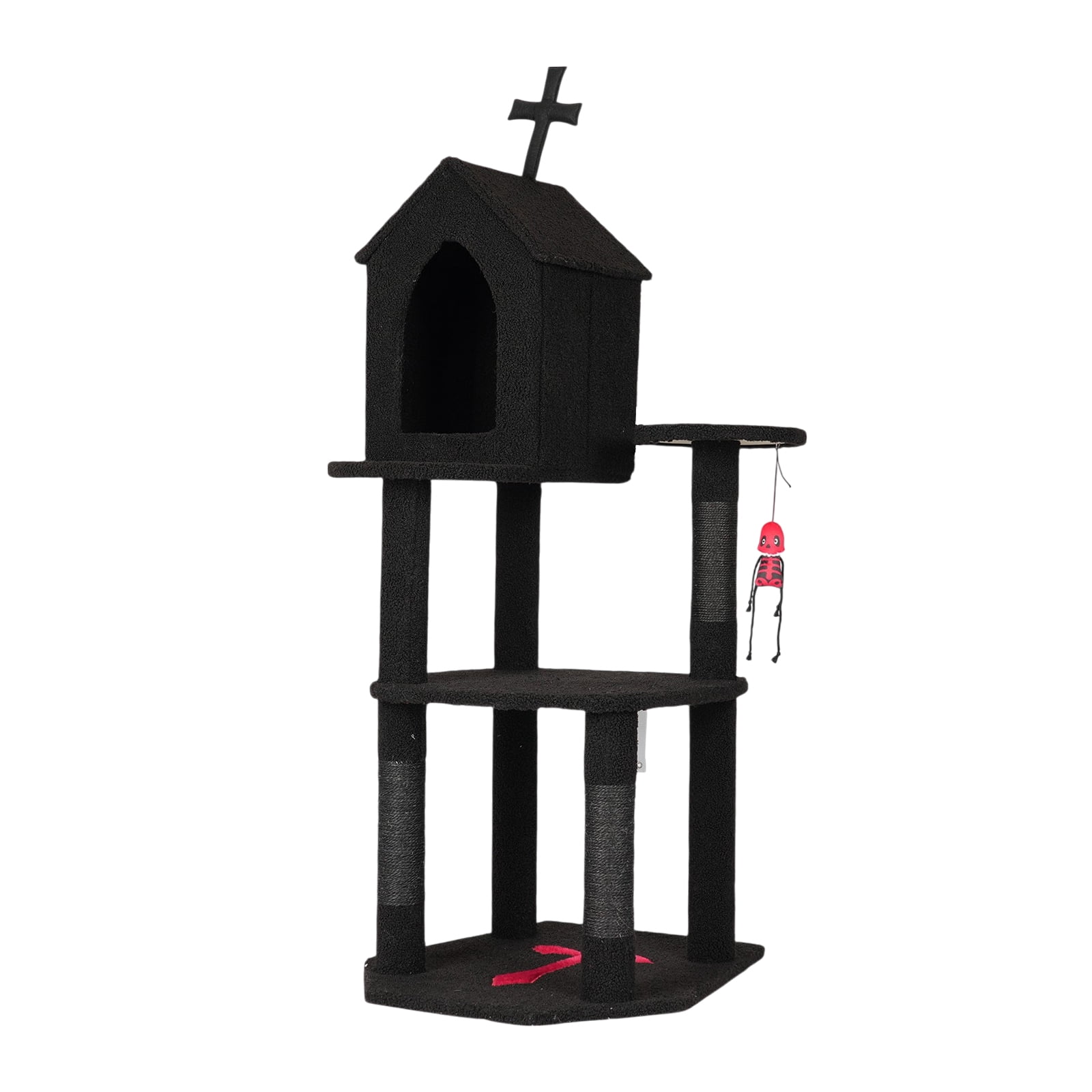 ZephyPaws 57" Gothic Cat Tower for Indoor Cats, Multi-Level Cat Tree with Large Condo, Scratching Posts, Cross Top Design, Hanging Toy & Plush Surfaces, Black and Red