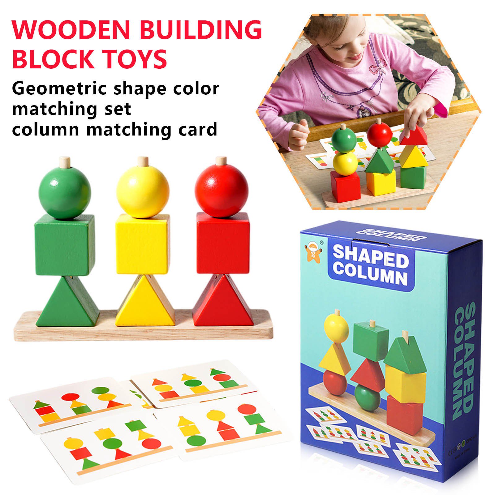 Wooden Shape Column Building Blocks Toy Geometric Shape Color Matching Stacking Blocks Montessori Sorting Puzzle Game Preschool Educational Toy for Toddlers Boys Girls