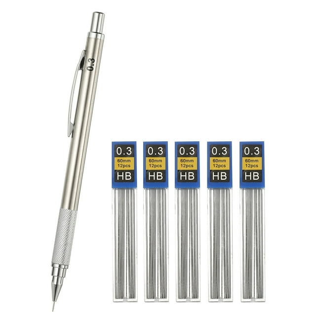 Lápiz mecánico Uxcell 0.3mm, soporte de lápiz mecánico de punta fina automática de metal con 5 recargas para dibujo, arte, bocetos y carpintería, plata