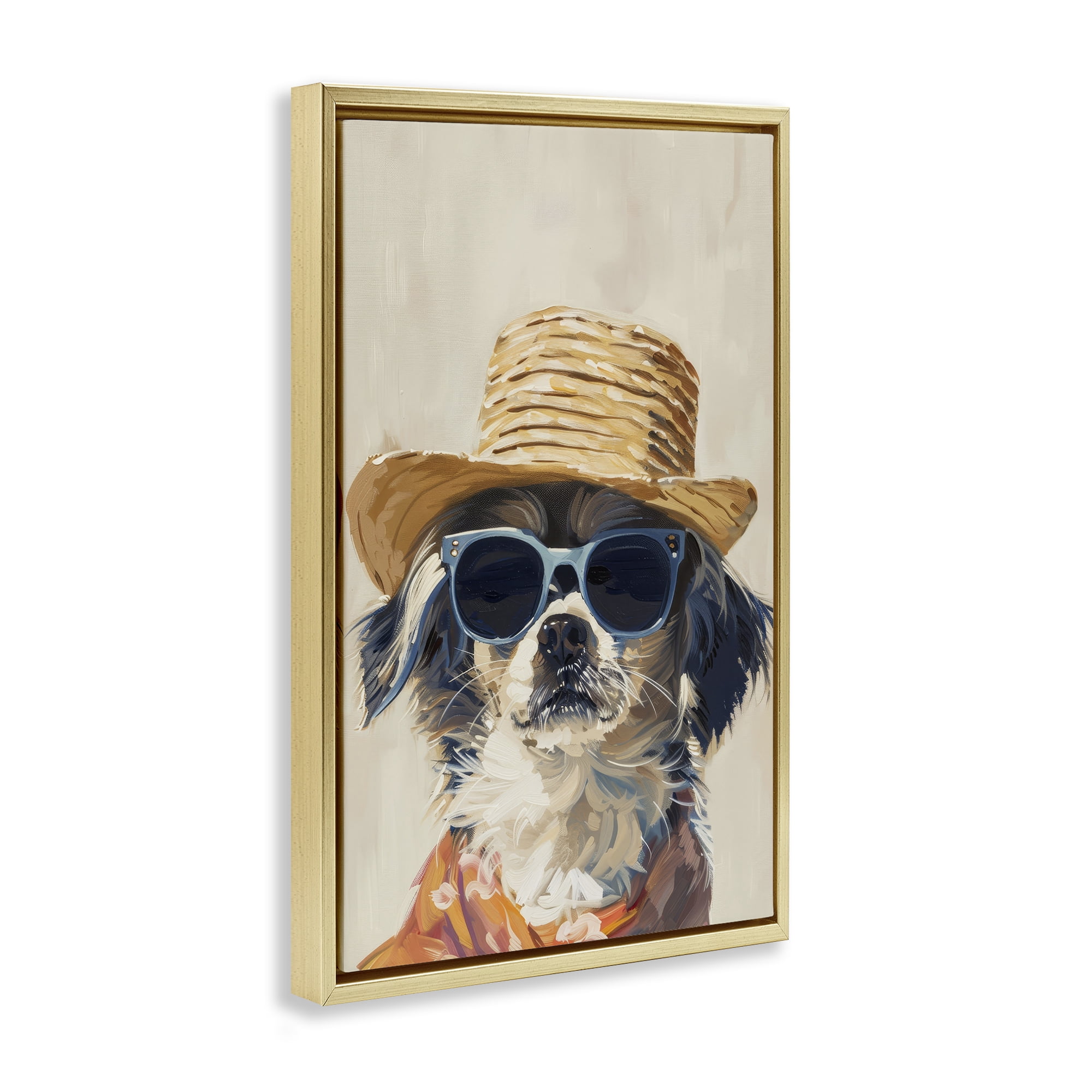 Stupell Industries Beach Vacation Pup Animals & Insects Painting Gold Floater Framed Canvas Art Print Wall Art, 17 x 25