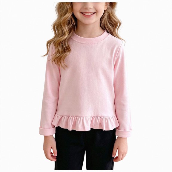 UAYOTSE Girls Long Sleeve Crew Neck Top with Hem Ruffle Trim, Kids Soft Solid Color Casual Fall Everyday Blouse Size 6-7 Years