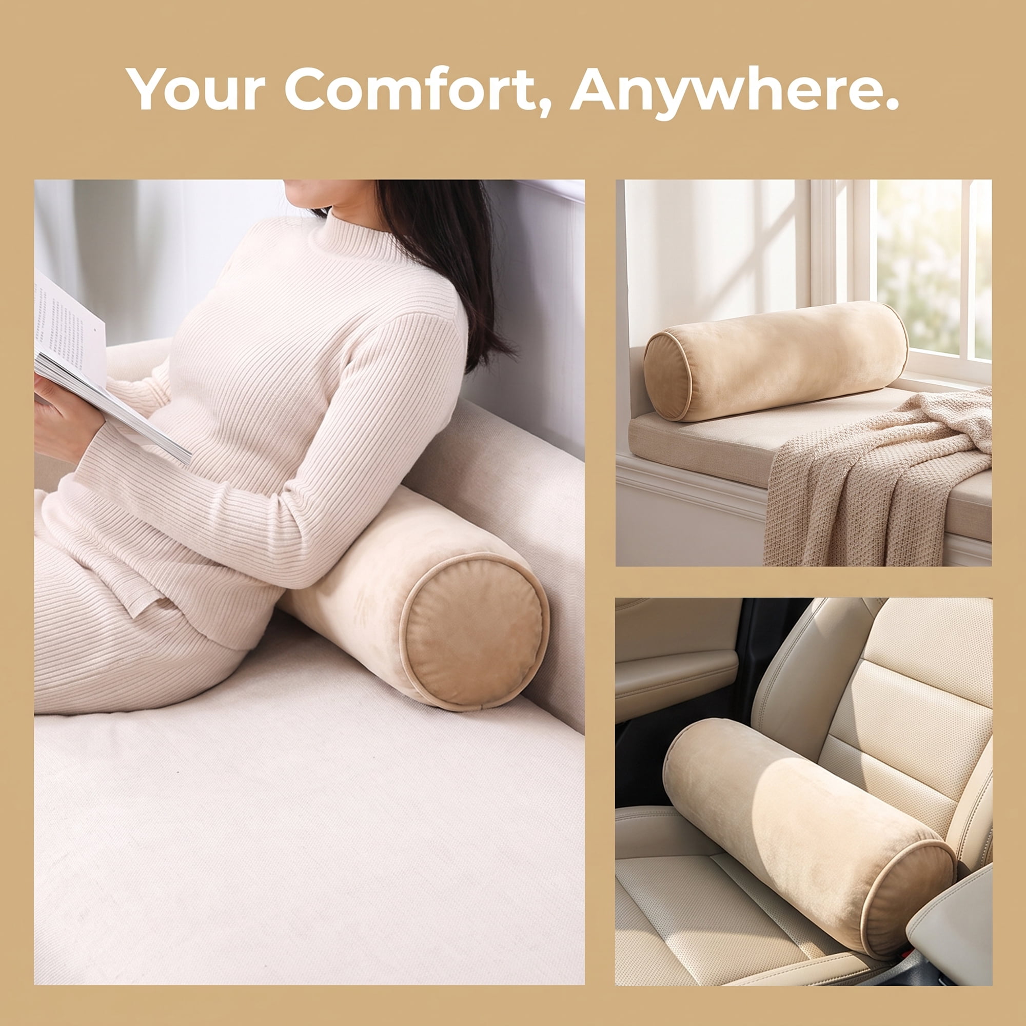 Unique Bargains Lumbar Support Wool Pillow for Back Support Khaki 19.7"x6.7"