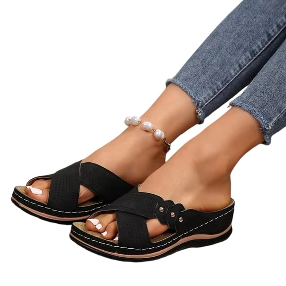 HAJWOH Orthopedic Casual Sandals for Women Arch Support Flat Wedge Sandals Breathable Non Slip Slip on Hiking Shoes Beach Vacation 2026 Orthopedic Shoes Black 41